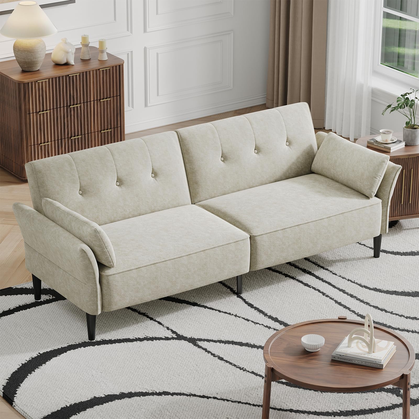 COPIAE 89    Futon Sofa Bed, Comfy Futon Couch Bed with 2 Square Pillows, Convertible Sleeper Sofa with Adjustable Backrest& Arm