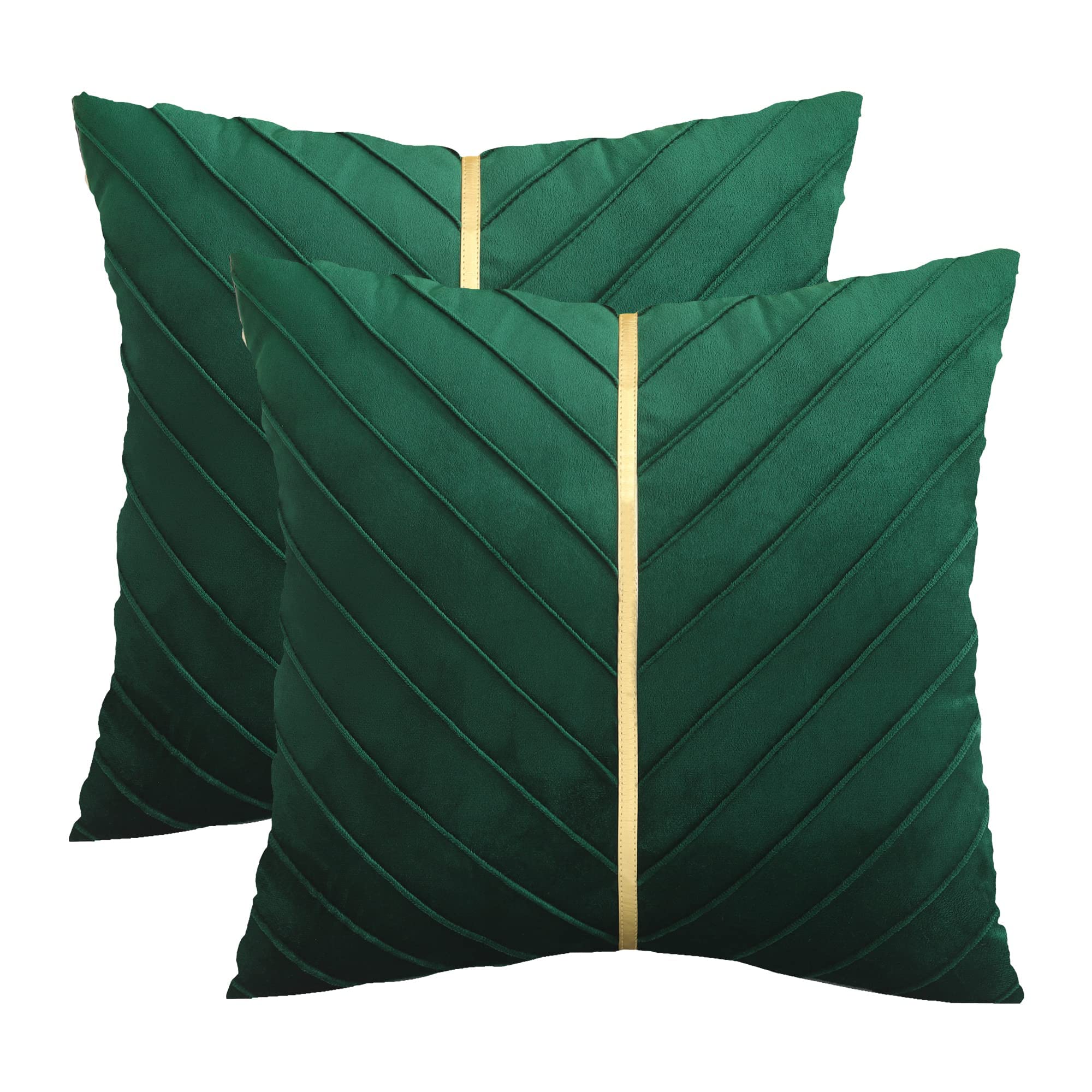 Tosleo Christmas Green Velvet Throw Pillow Covers 26X26 Pack Of 2 With Gold Leather,Forest Green Decorative Couch Pillowcase Lux
