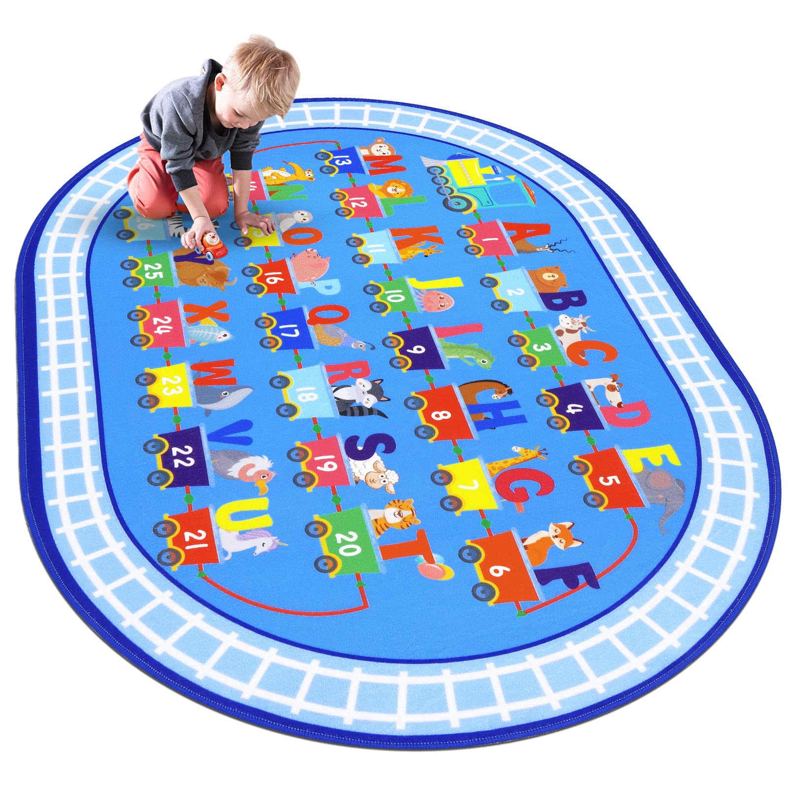 HiiARug Kids Carpet Playmat Rug ABC Alphabet, Numbers, Train and Road Themed Playing Rug Educational Classroom Rug Fun Game Play