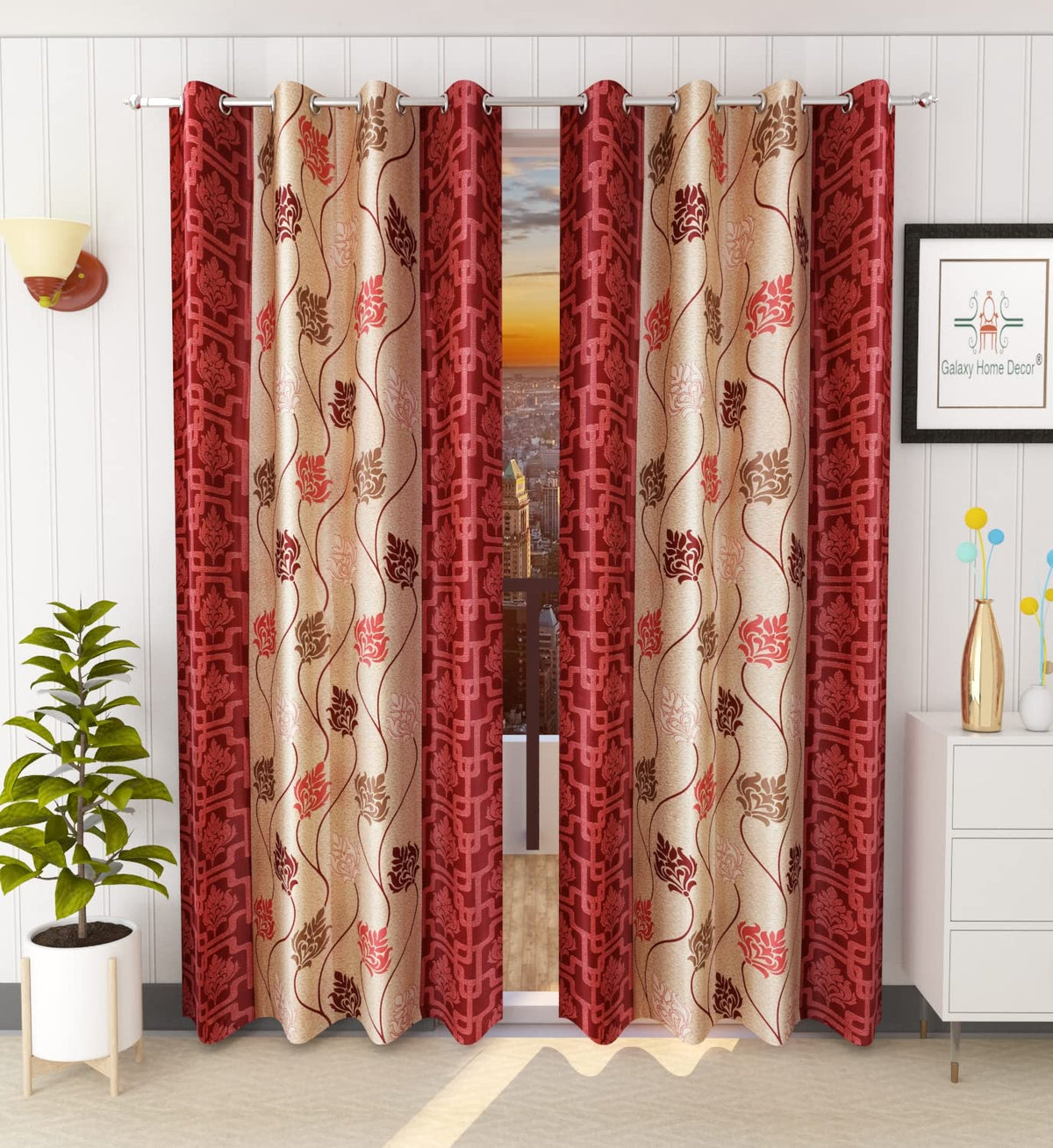 HOME UTSAV 1 Piece Eyelet Polyester Leaf Printed Curtains for Long Door 8 Feet, Maroon