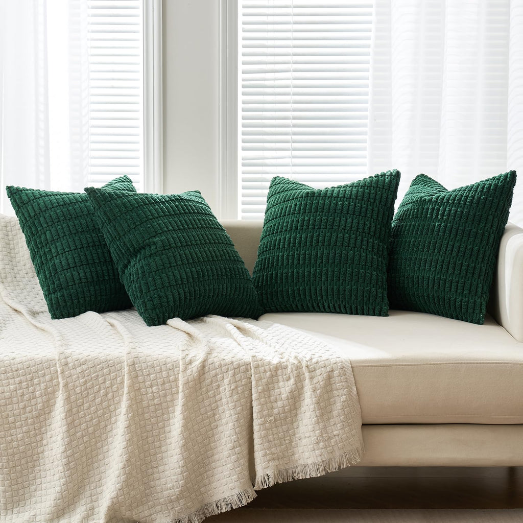 Miulee Pack Of 4 Dark Green Corduroy Decorative Throw Pillow Covers 18X18 Inch Soft Boho Striped Pillow Covers Modern Farmhouse Home Decor For Sofa Living Room Couch Bed