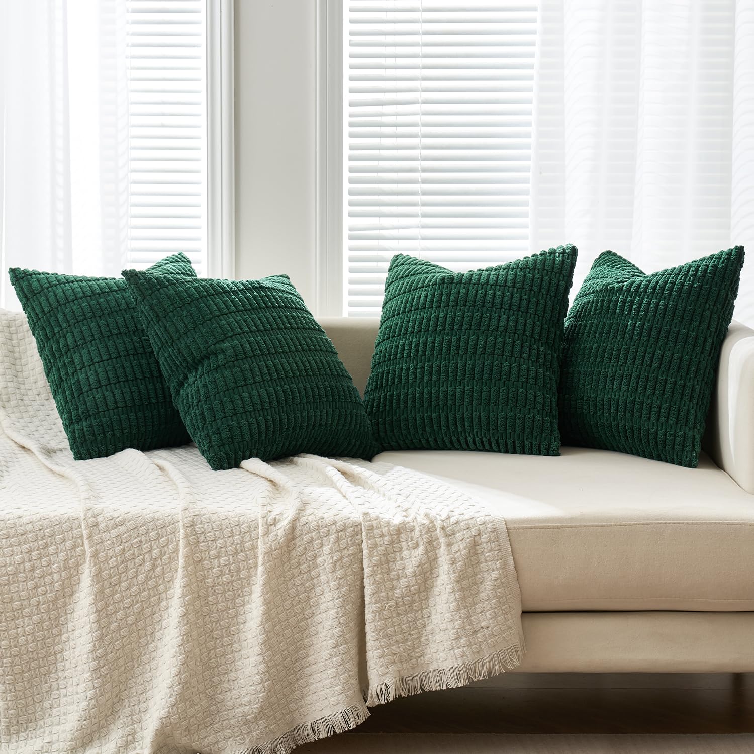 Miulee Pack Of 4 Dark Green Corduroy Decorative Throw Pillow Covers 18X18 Inch Soft Boho Striped Pillow Covers Modern Farmhouse Home Decor For Sofa Living Room Couch Bed