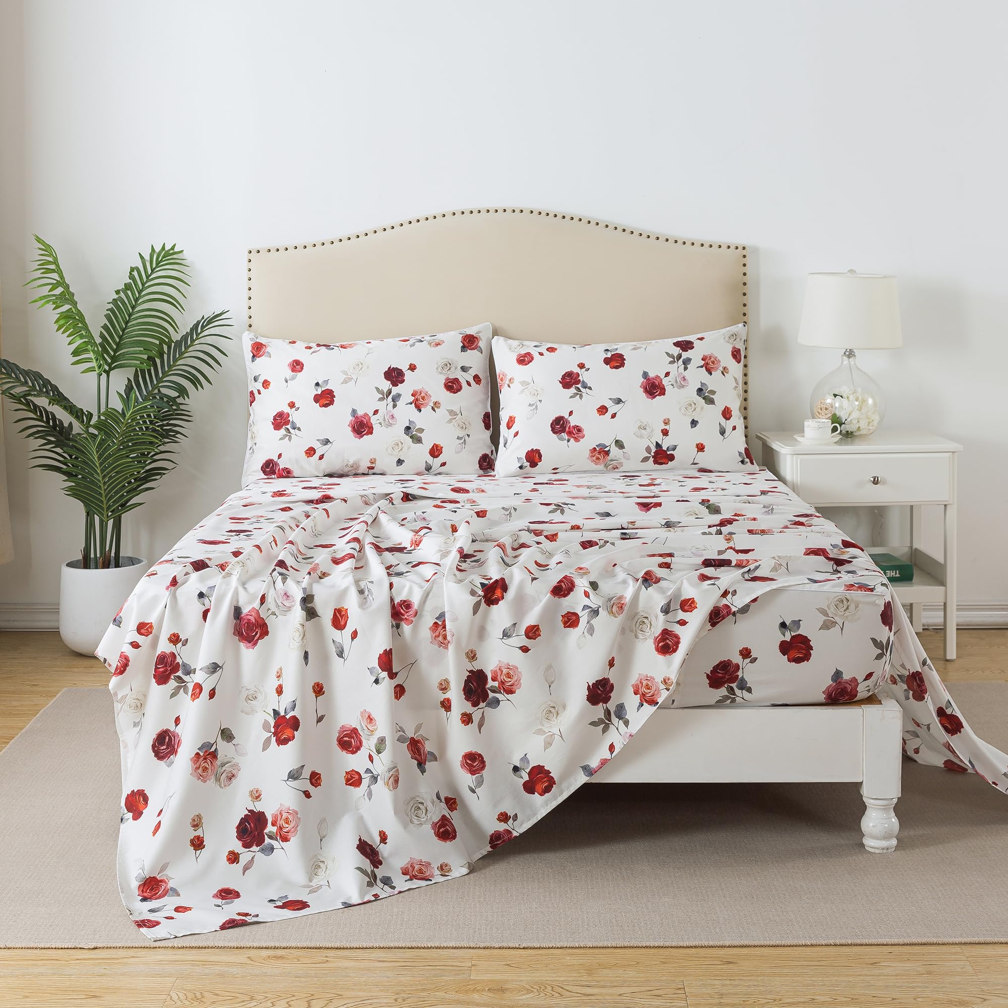 Fadfay Rose Sheets Set Full Vintage White Rose Floral Bedding Chic Red Rose Bed Sheets Shabby Farmhouse Bedding 100% Percale Egy