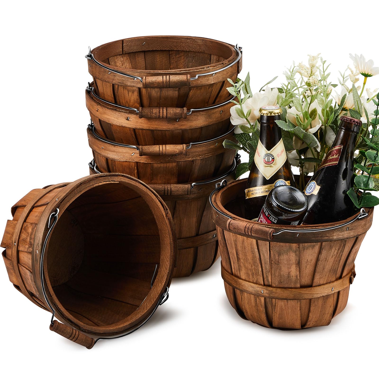 6 Pieces 6X7.5' Small Wood Bucket Round Bushel Baskets Small Wood Fruit Buckets Farmers Market Harvest Basket Garden Basket Wit