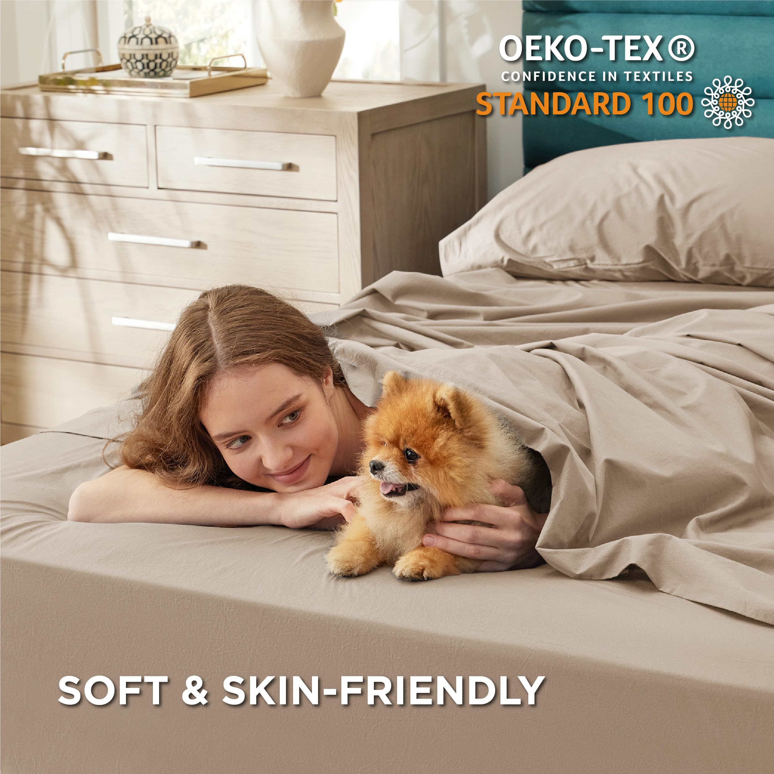 Bedsure Queen Sheet Set - 100% Cotton Percale, Deep Pocket up to 16, Breathable & Soft, Taupe Bedding Sheets & Pillowcases