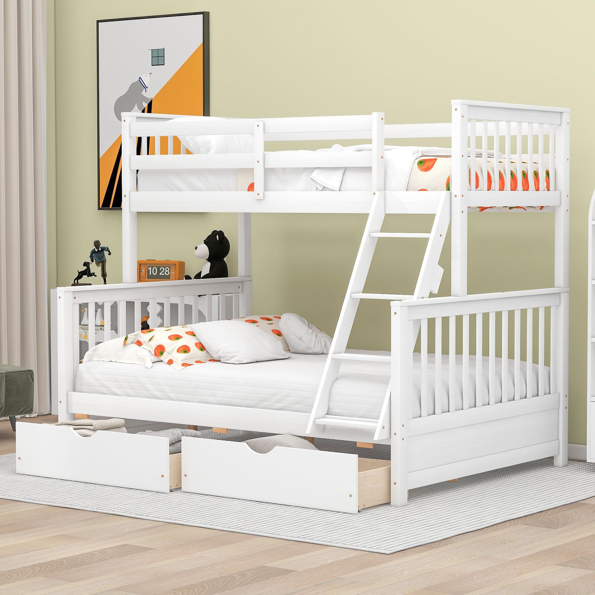 Merax Wood Bunk Bed With Drawers,Convertible Wood Bunk Bed With Ladders And Two Storage Drawers,Solid Wood Detachable Bunk Bed Frame With Ladders,Twin Over Full Size,White