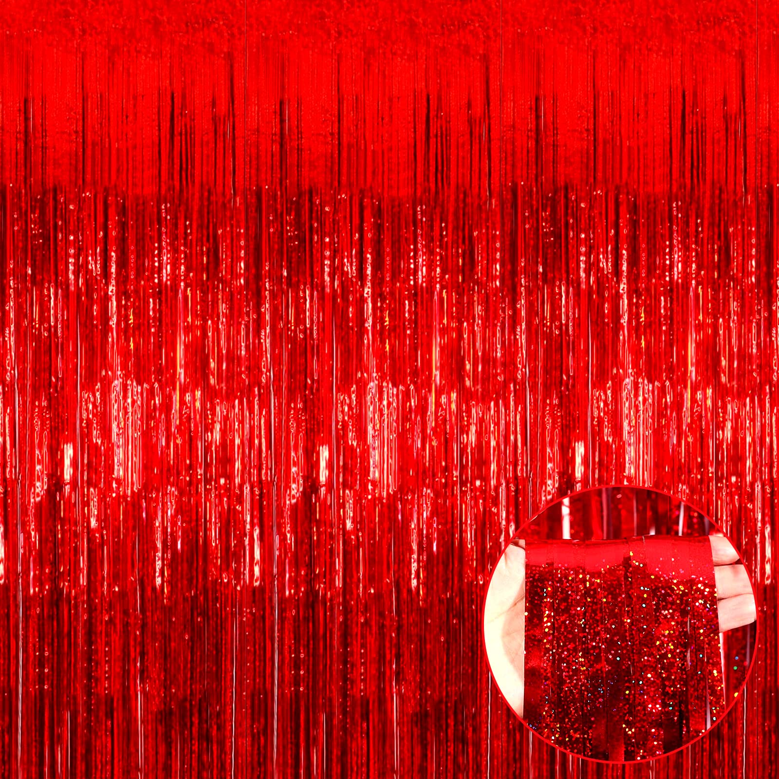 4 Pack Red Tinsel Foil Fringe Curtain Backdrop, 3.28Ft x 8.2Ft Metallic Streamers for Photo Booth Props Wedding Bridal Shower Ba