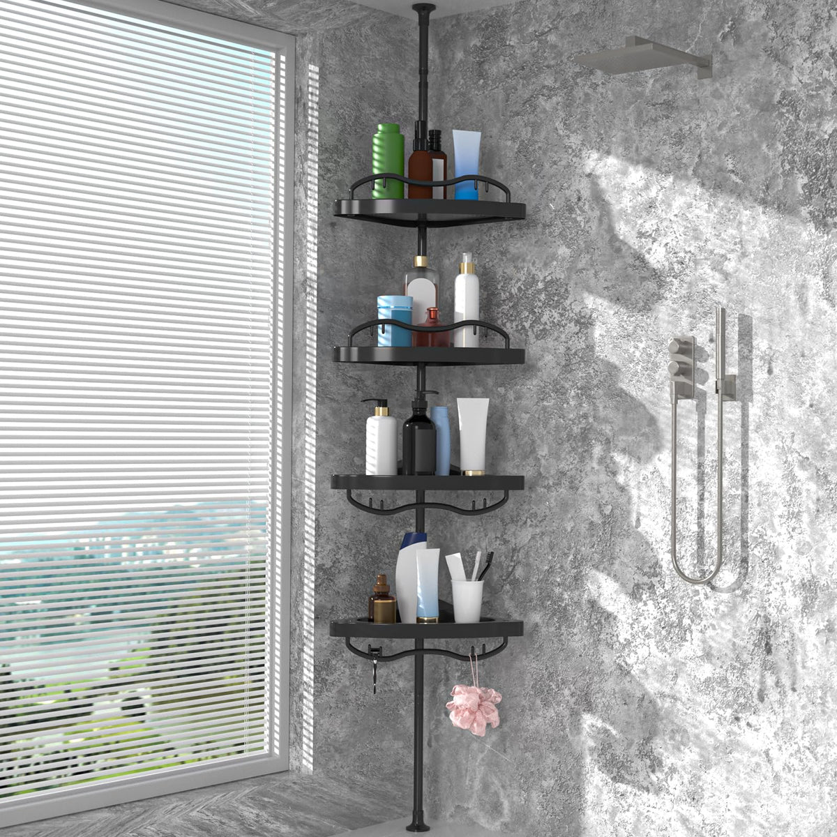HANGMAICOME Black Corner Shower Caddy Tension Pole  Heavy Duty Rustproof Stainless Steel Shower Organizer with 4 Adjustable She