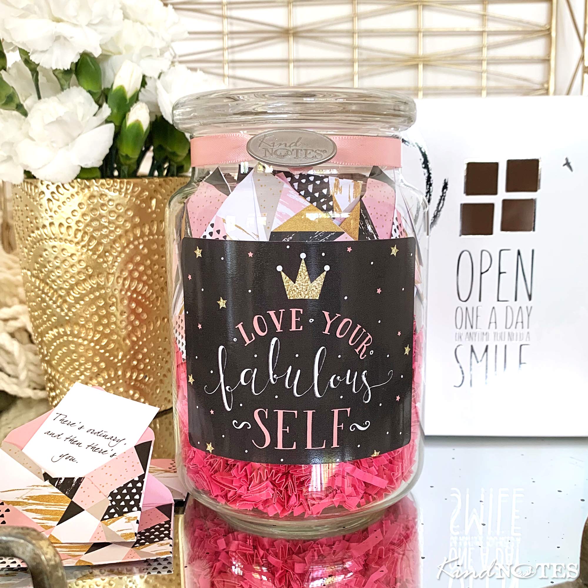 KindNotes Glass Keepsake Gift Jar with FRIENDSHIP and INSPIRATIONAL Messages - Love Your Fabulous Self Design