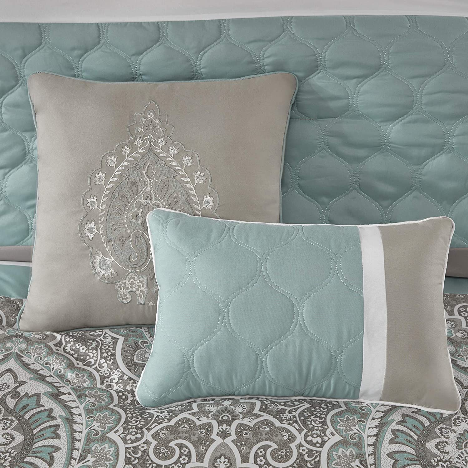 510 Design Luxe Quilted Comforter Set Modern Transitional Design, All Season Down Alternative Warm Bedding Matching Shams, Bedskirt, Decorative Pillow, King, Shawnee Scrollwork Seafoam