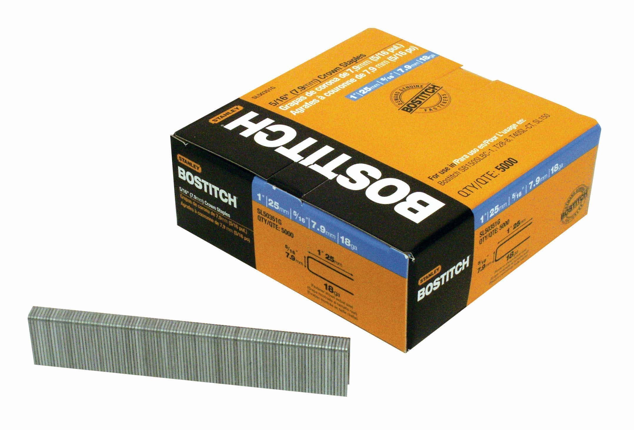 Bostitch Crown Staples, 1 X 5/16-Inch, 18Ga, 5000-Pack (Sl50351G)