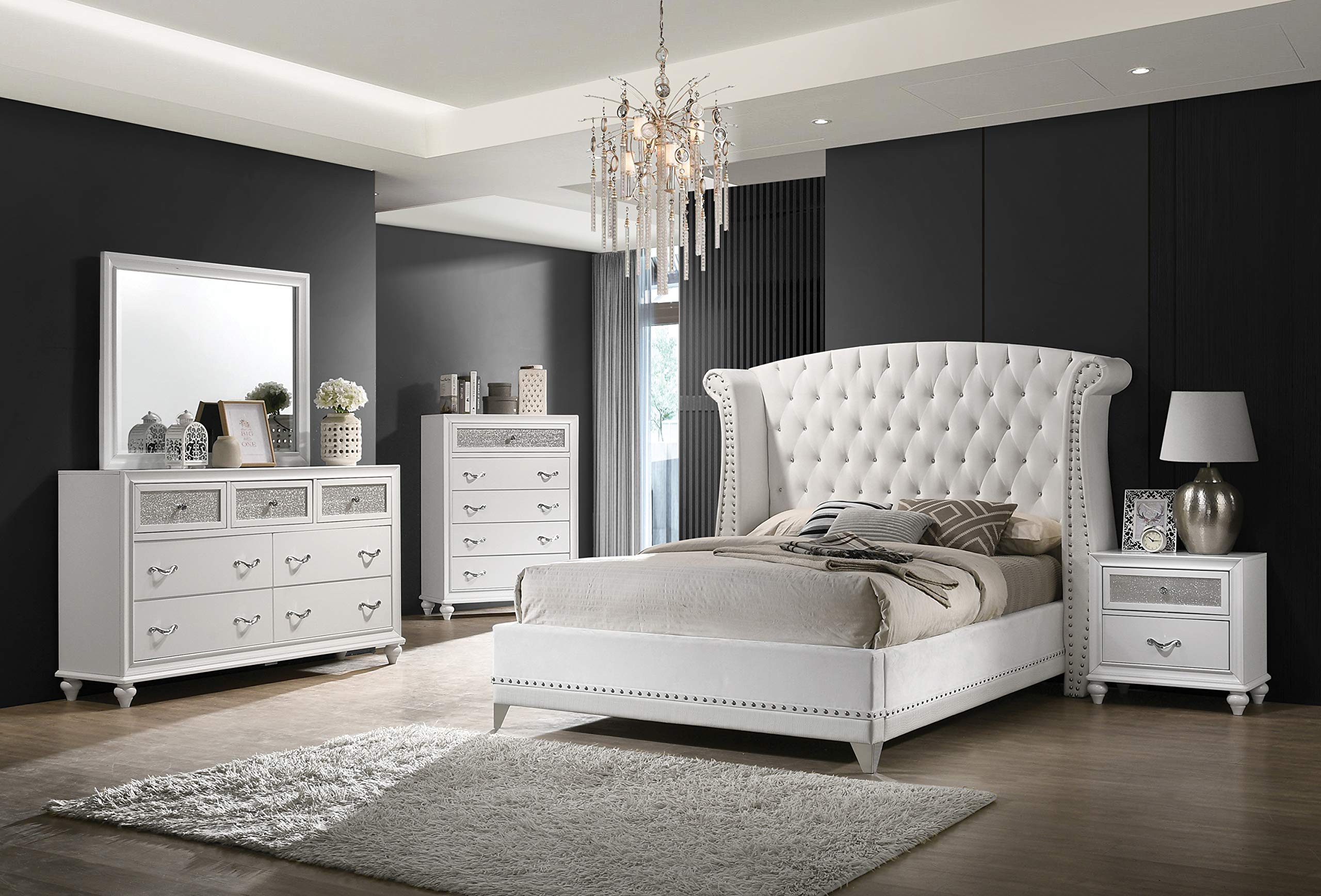 Coaster Home Furnishings Barzini Modern Classic Velvet Upholstered California King Size Wingback Bed Frame Platform Bed 63-inch Headboard White 300843KW