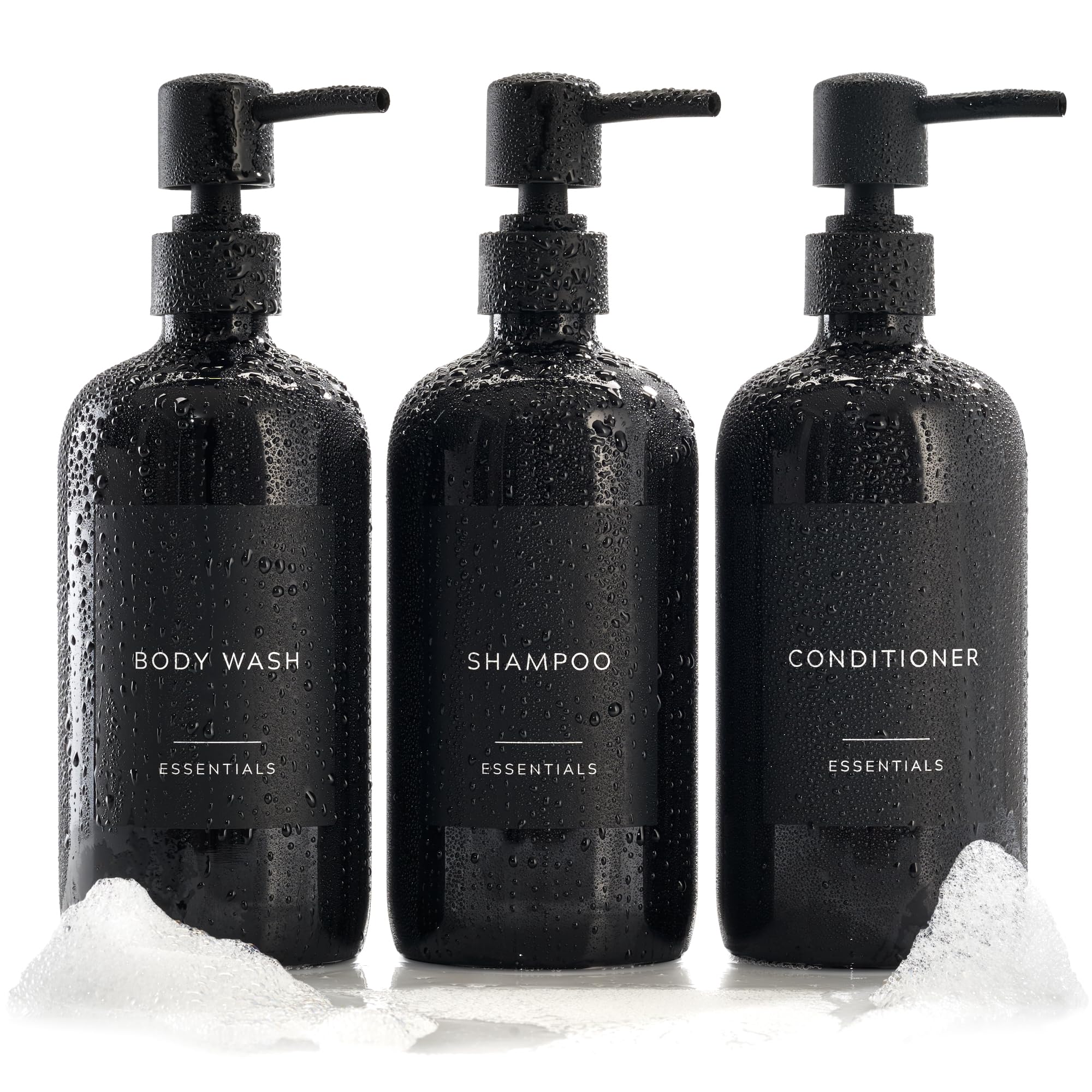 Stylish Shampoo and Conditioner Dispenser Set of 3 - Modern 21oz Shower Soap Bottles with Pump and Labels - Easy to Refill Body 