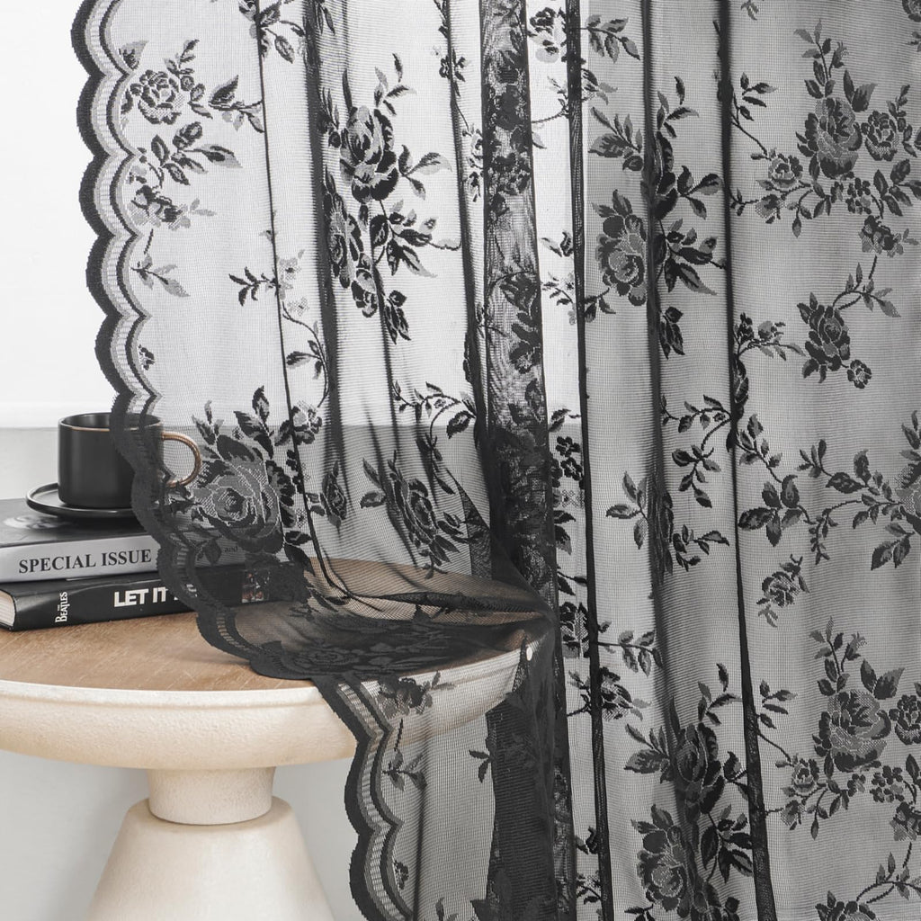 SEEKRIGHT Black Lace Curtains 45 Inch Length Sheer Floral Curtains for Kitchen Cafe Rod Pocket Light Filtering Small Window Vict