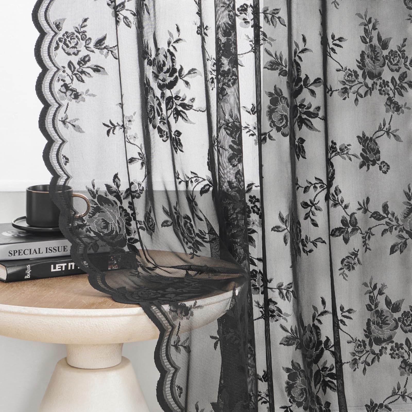 SEEKRIGHT Black Lace Curtains 45 Inch Length Sheer Floral Curtains for Kitchen Cafe Rod Pocket Light Filtering Small Window Vict