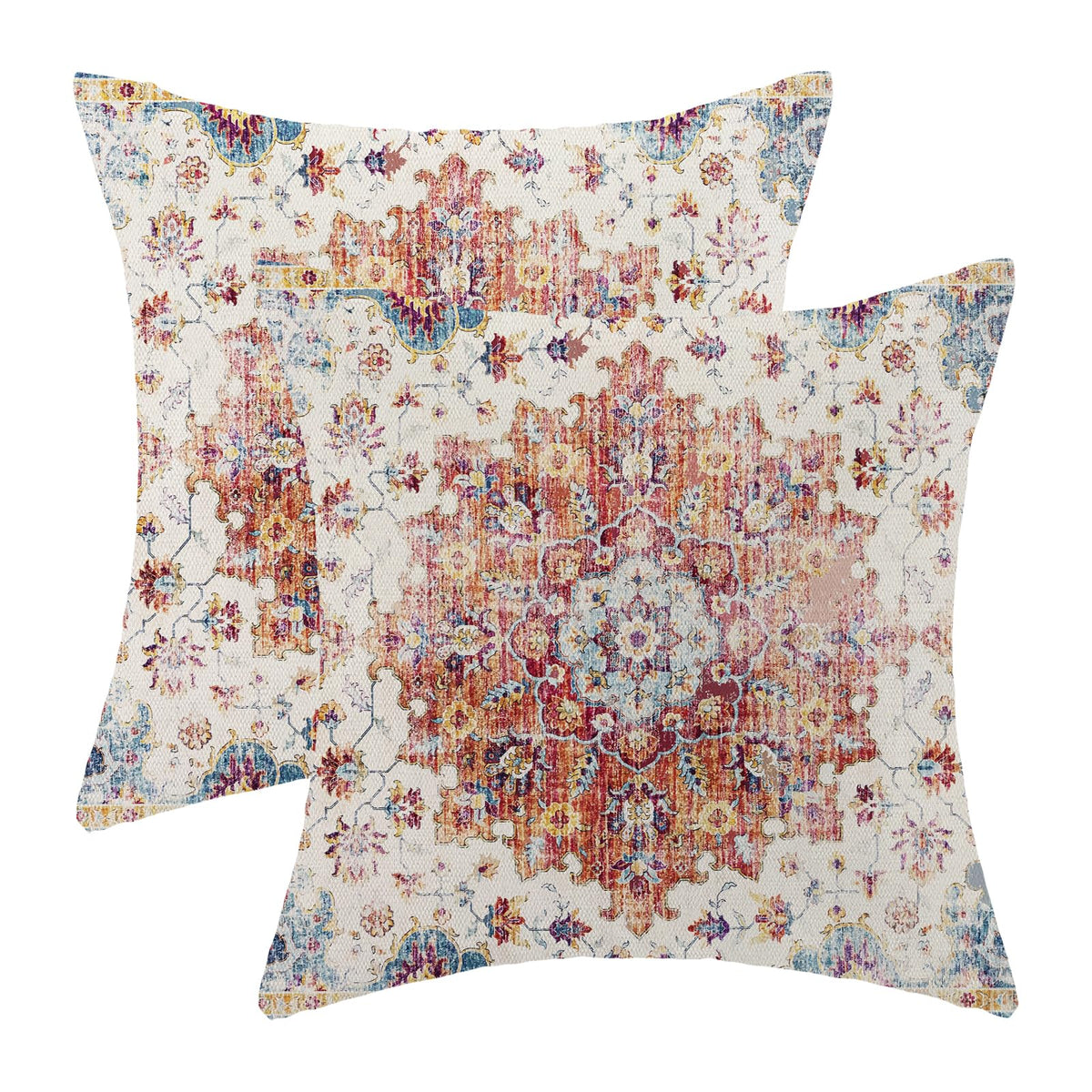 Boho Pillow Covers 18X18 Set Of 2, Ethnic Design Decorative Bohemia Throw Pillows Linen Orange Blue Carpet Pattern Farmhouse Cus