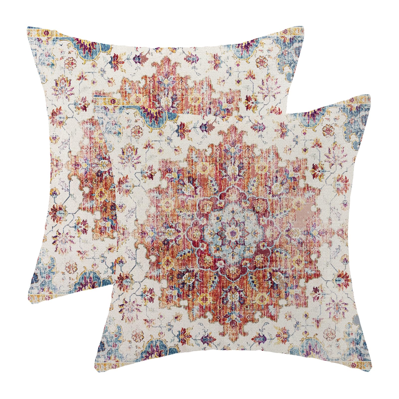 Boho Pillow Covers 18X18 Set Of 2, Ethnic Design Decorative Bohemia Throw Pillows Linen Orange Blue Carpet Pattern Farmhouse Cus