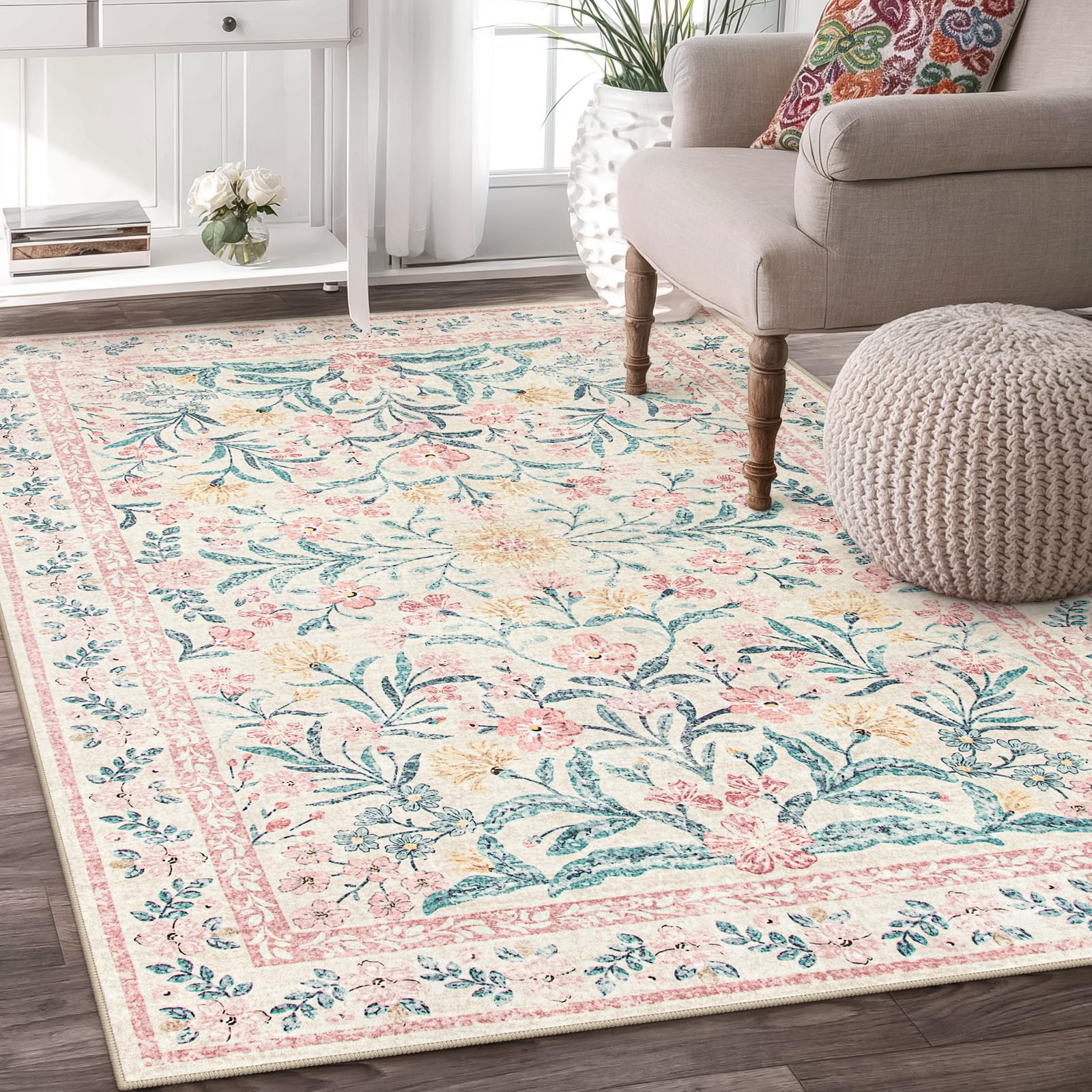 Wonnitar Machine Washable 5x7 Nursery Rug, Pink Rugs for Bedroom Girls, Boho Soft Floral Carpet Non Slip, Indoor Ultra-Thin Floo