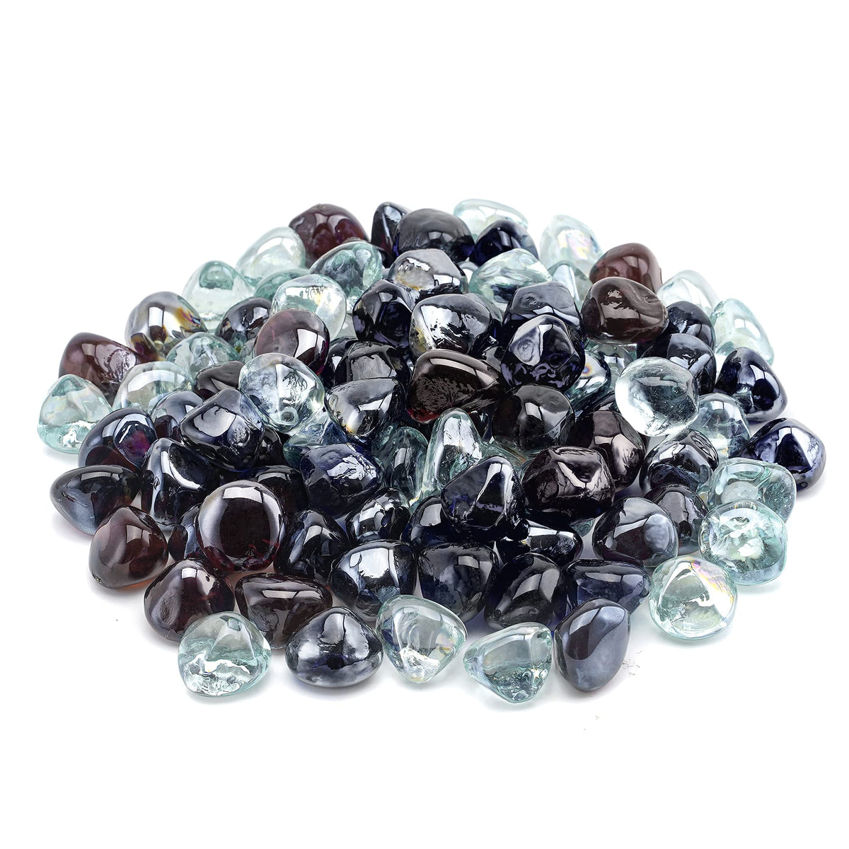 Skyflame 10-Pound Blended Fire Glass Diamonds For Fire Pit Fireplace Landscaping, 1/2 Inch Onyx Black, Crystal Ice, Amber Luster