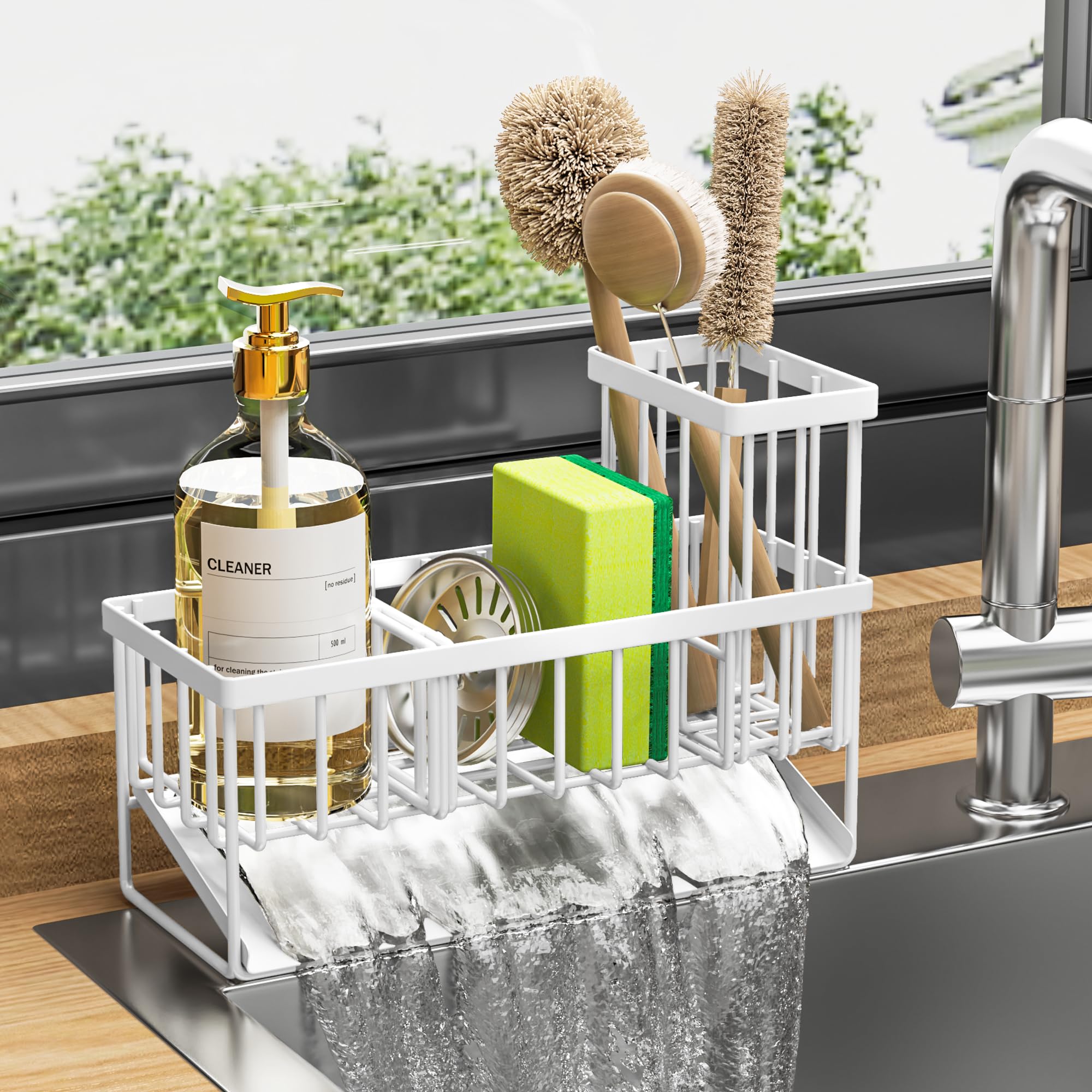 Cisily Sink Caddy Sponge Holder For Kitchen Sink, 304 Stainless Steel Rustproof, Kitchen Sink Caddy With High Brush Holder, Kitc