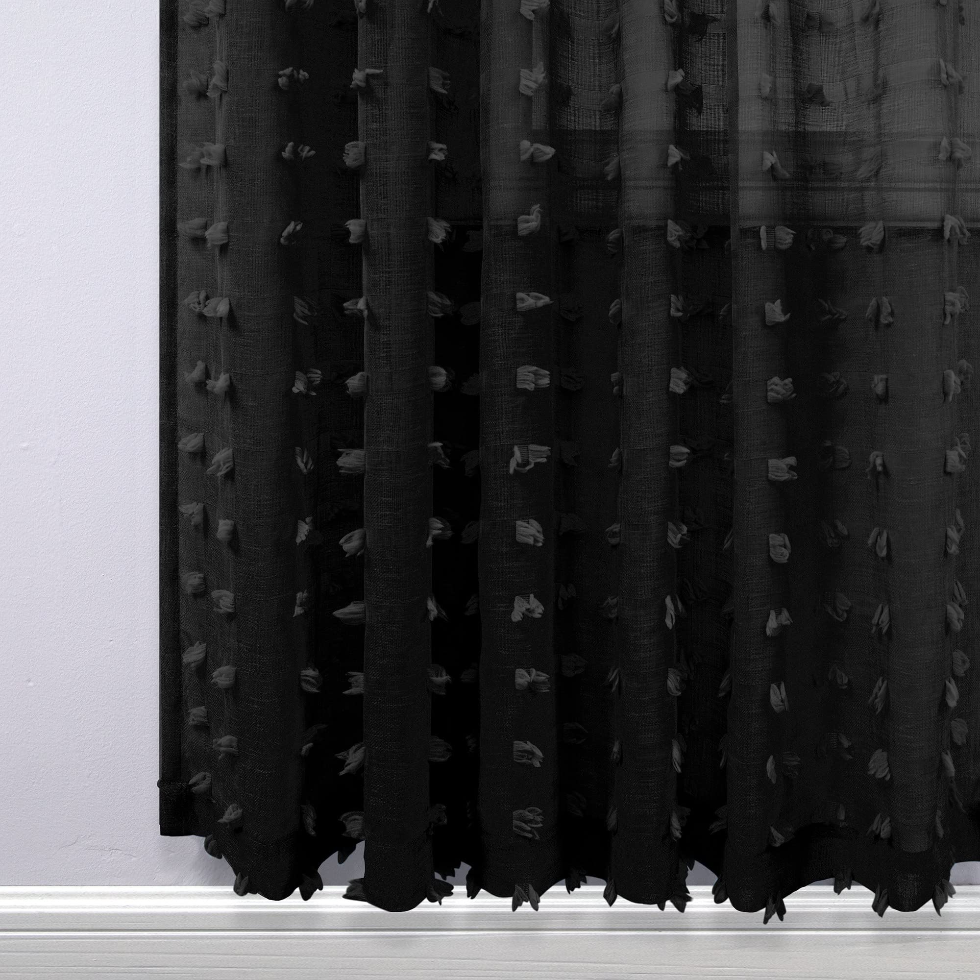 Koufall Black Curtains 45 Inch Length For Kitchen Window,Rod Pocket Pom Pom Textured Boho Lace Sheer Curtains For Bathroom Window