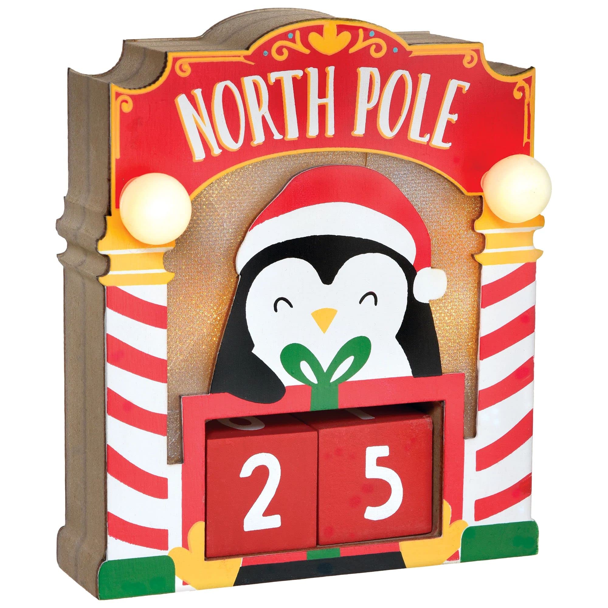 Multicolor Penguin Light-Up Standing Advent Calendar - 5.8' x 4.7' (1 Count) - Wood & Plastic Battery Operated Design, Perfect