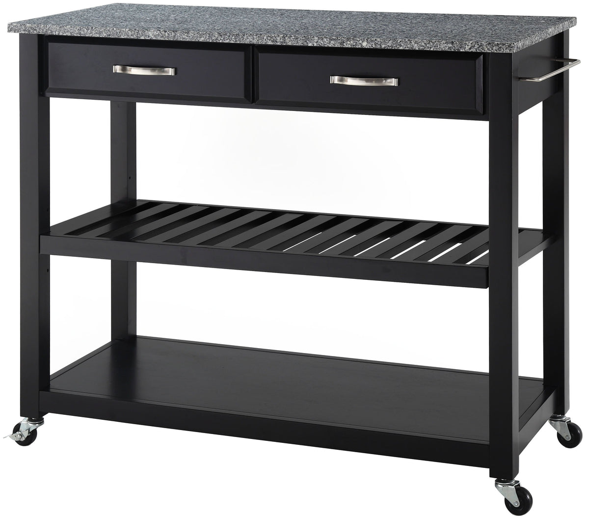 Crosley Furniture Granite Top Kitchen Prep Rolling Cart, Microwave Stand, Coffee Bar, With Shelves, Black