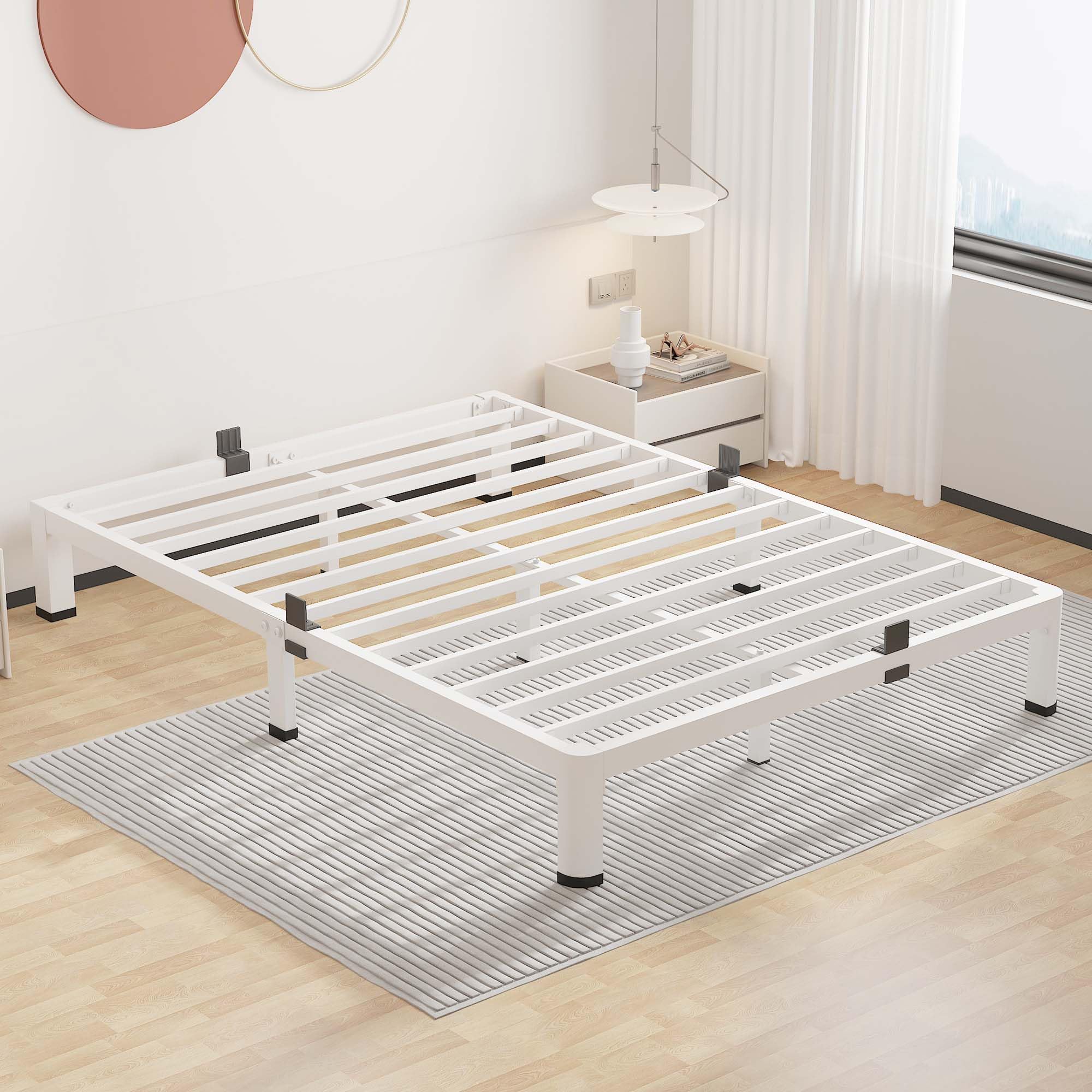 ROIL 7 Inch White Full Bed Frame with Rounded Corner and Mattress Retainers, 3500LBS Heavy Duty Steel Slats No Box Spring Needed