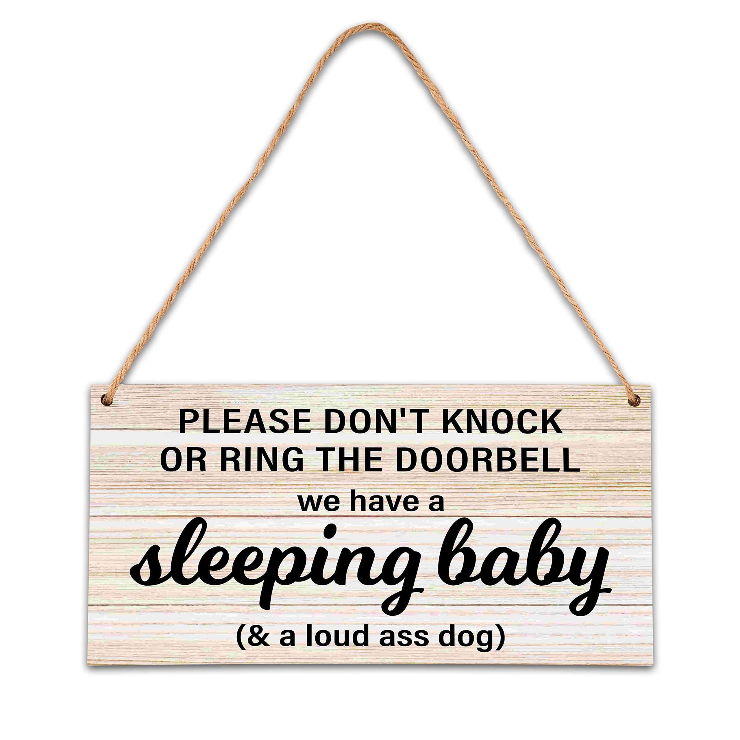 B06 Baby Sleeping Sign - Do Not Knock Or Ring Doorbell, Rustic Hanging Sign For Front Door, Nursery Home Bedroom