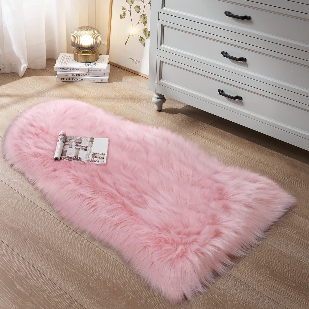 Small Faux Fur Rug, 2X4 Ft Ultra Soft Sheepskin Rug Chair Sofa Cover Seat Pad, Pink Fluffy Shag Rug For Bedroom Nursery Kids Roo