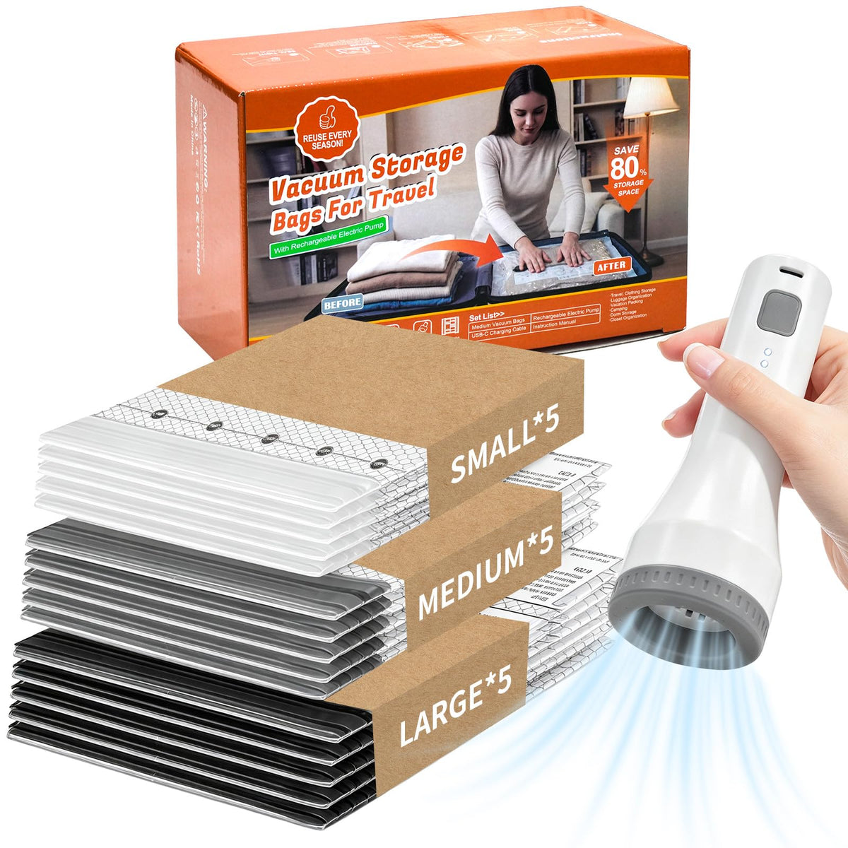 Longtor 15Pack Vacuum Compression Bags, Rechargeable Wireless Pump