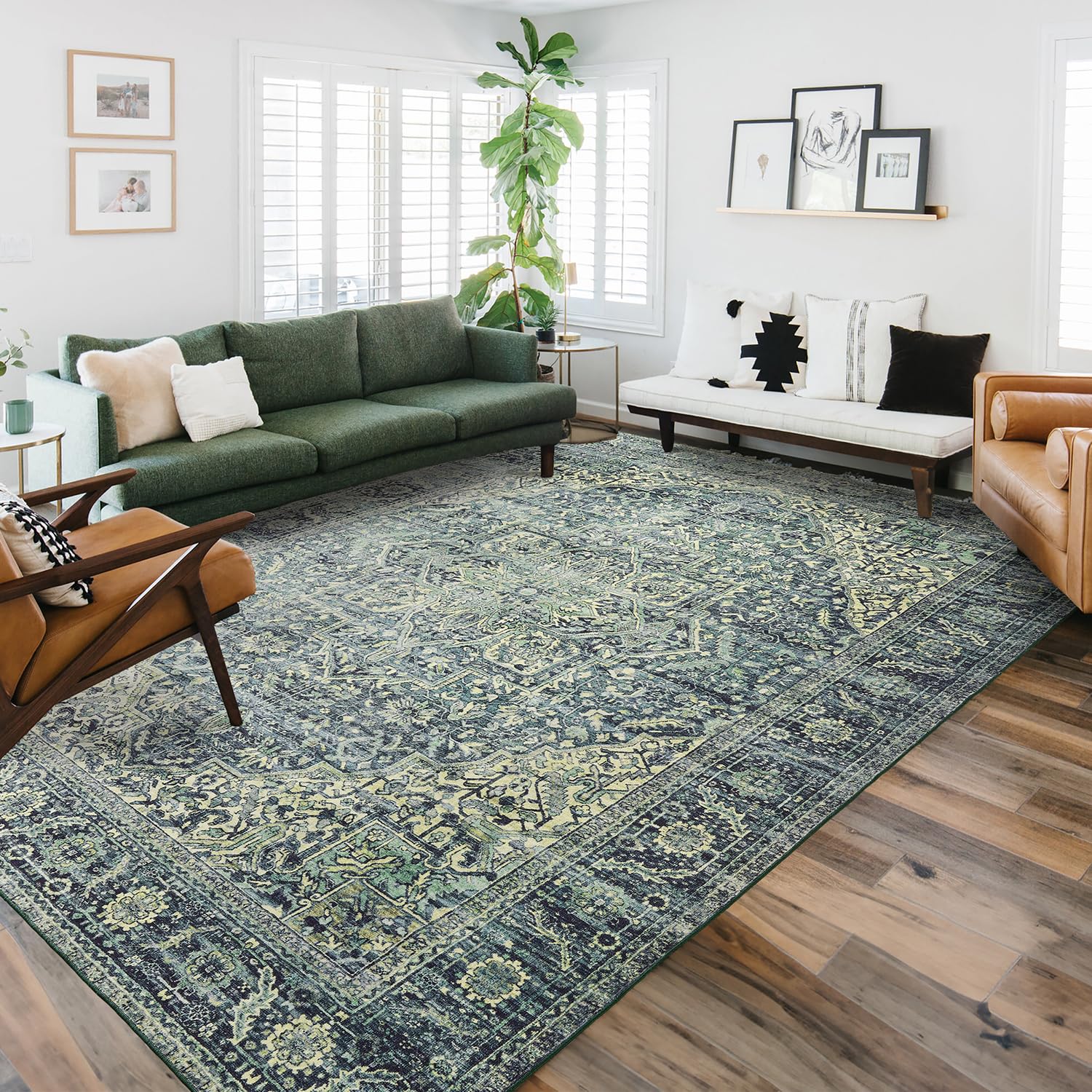 BILEEHOME Forest Green Boho Rugs for Bedroom,Waterproof Antique Dark Academia Oriental Area Rug for Living Room,6x9,Hunter Green