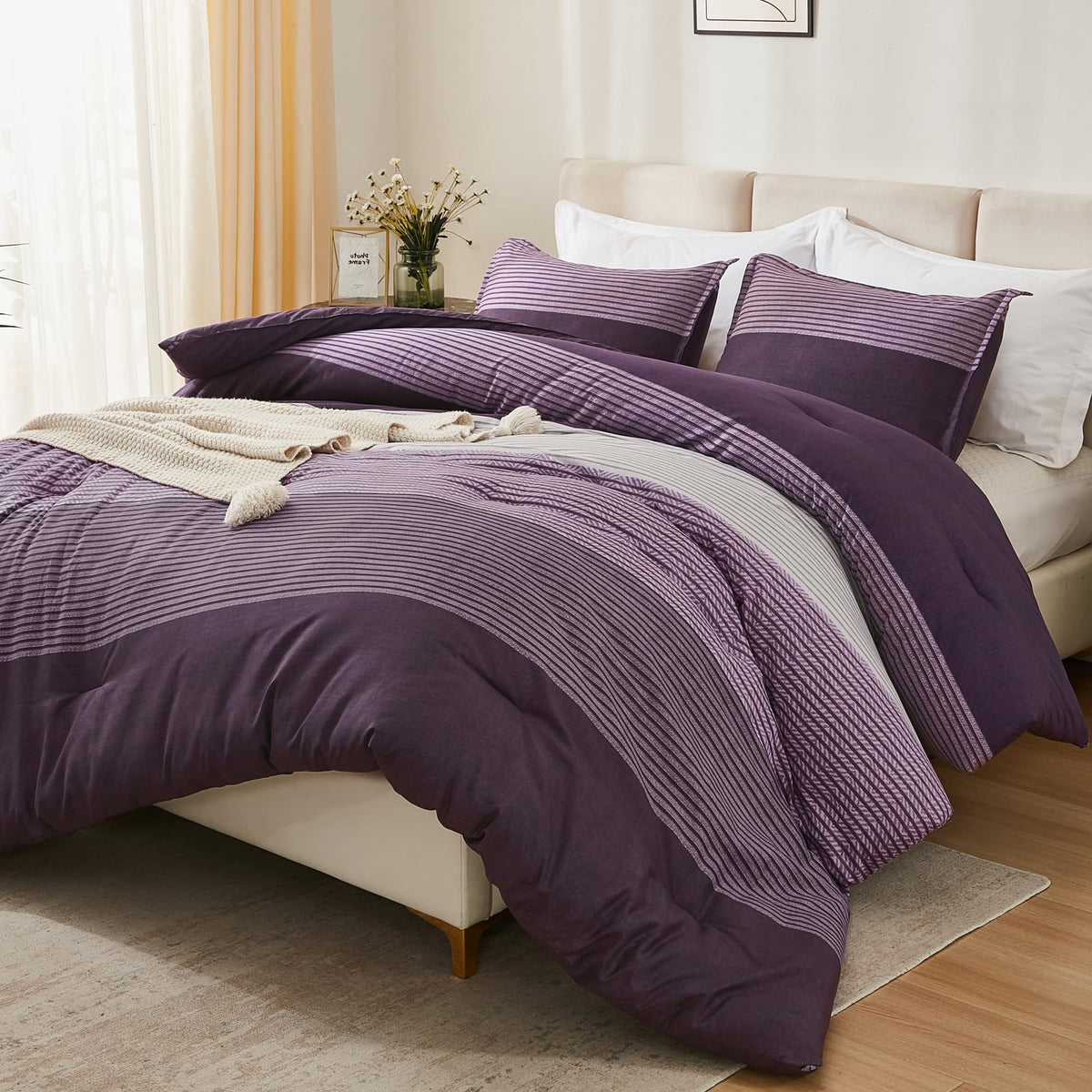 Litanika Purple Queen Comforter Set, 3 Pieces Striped Bedding Set, Lightweight Soft All Season Down Alternative Comforter Set (1