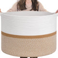 CHICVITA XXL Cotton Rope Woven Blanket Basket with Handles, White & Brown
