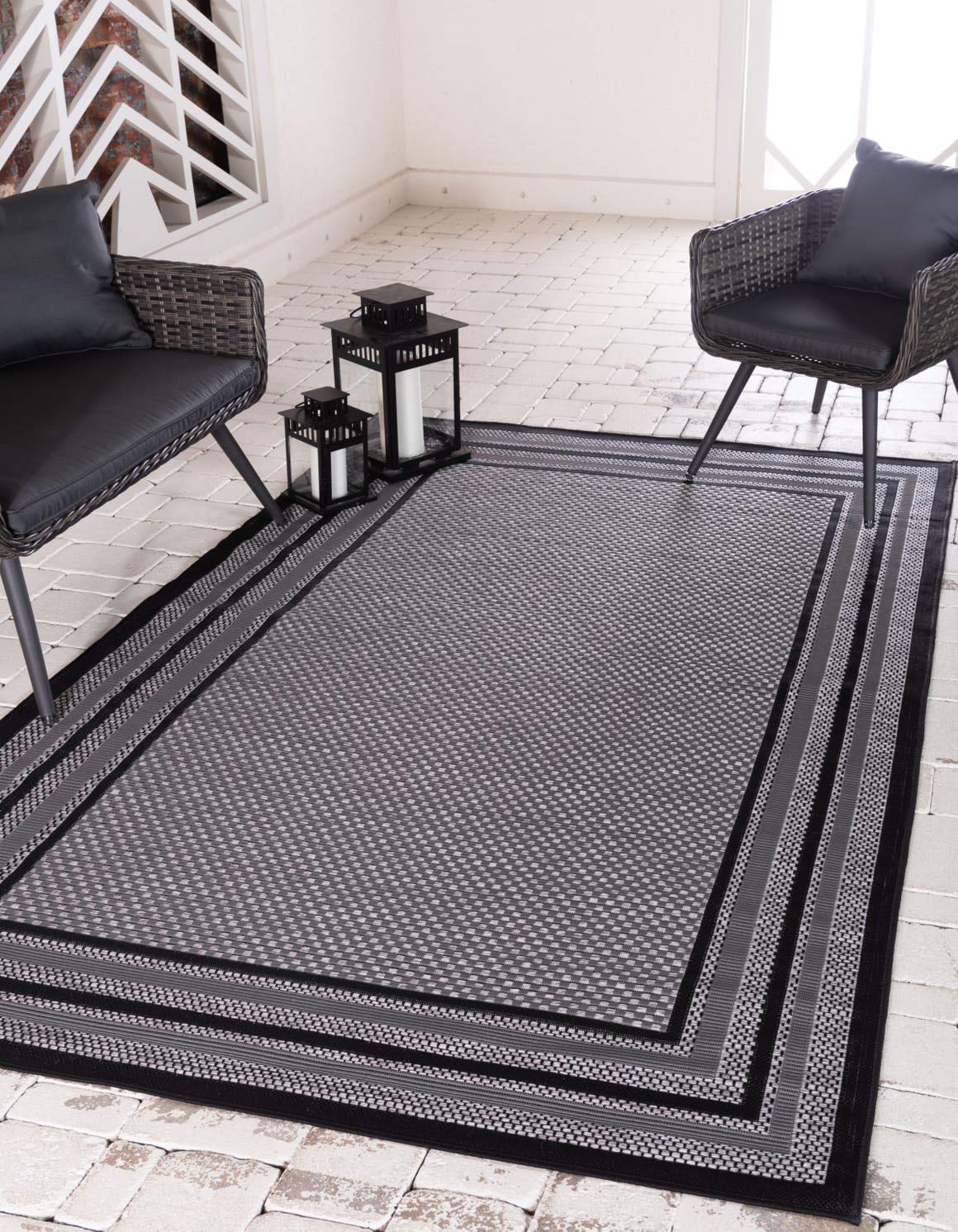 Unique Loom Outdoor Border Collection Area Rug - Multi Border (4 x 6 Rectangle, Gray/ Black)