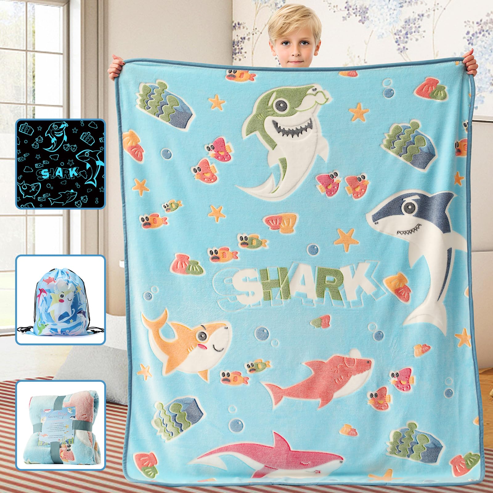Glow in The Dark Shark Blanket,Gifts for Boys Girls 1 2 3 4 5 6 7 8 9 Year Old, Toddler Boys Girls Toys Age 6-8, Soft Blue Blank