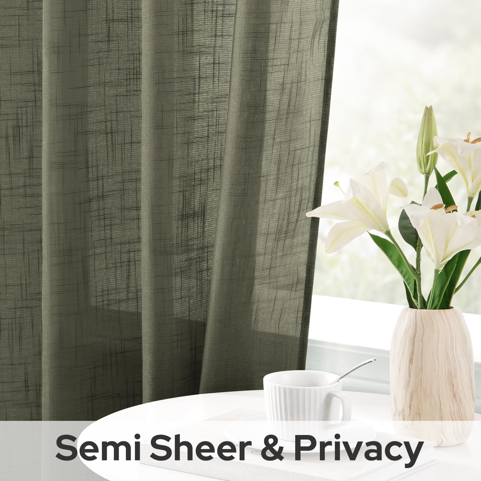 Homeideas Olive Green Linen Sheer Curtains 63 Inches Long 2 Panels Textured Semi Sheer Curtains Farmhouse Curtains Sheer Privacy