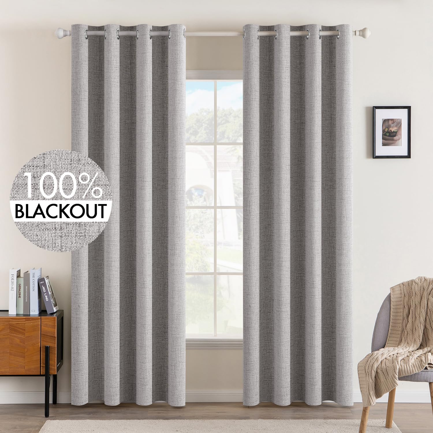 Miulee Linen Texture Curtains For Bedroom Solid 100% Blackout Thermal Insulated Greyish White Curtains Grommet Room Darkening Curtains/Draperies For Living Room Nursery 52X96 Inch (2 Panels)