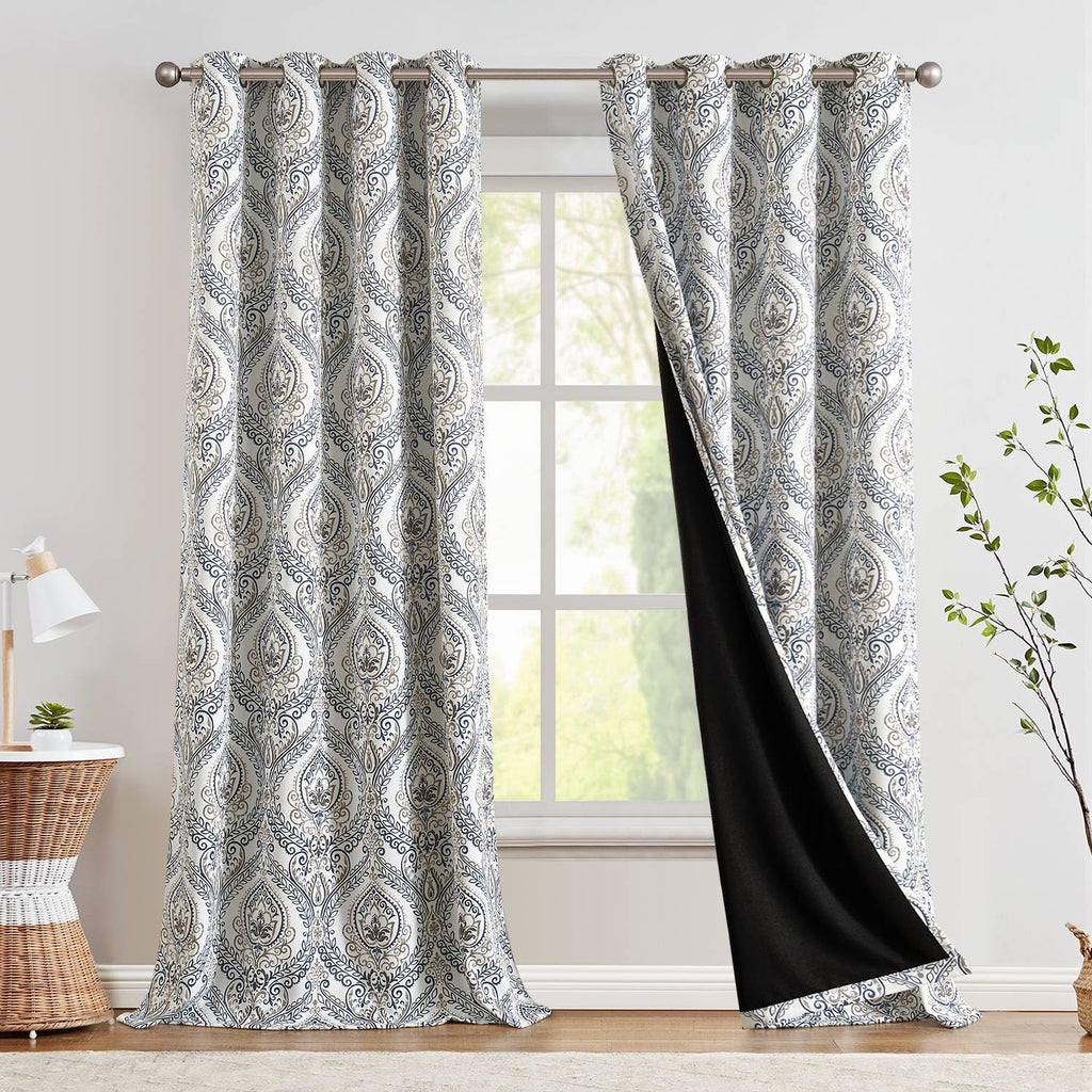 Jinchan 100% Blackout Curtains 108 Inch Length 2 Panels Blue Damask Medallion Window Curtains For Bedroom Extra Long Grommet Thermal Insulated Drapes For Living Room Vintage Window Treatments Set