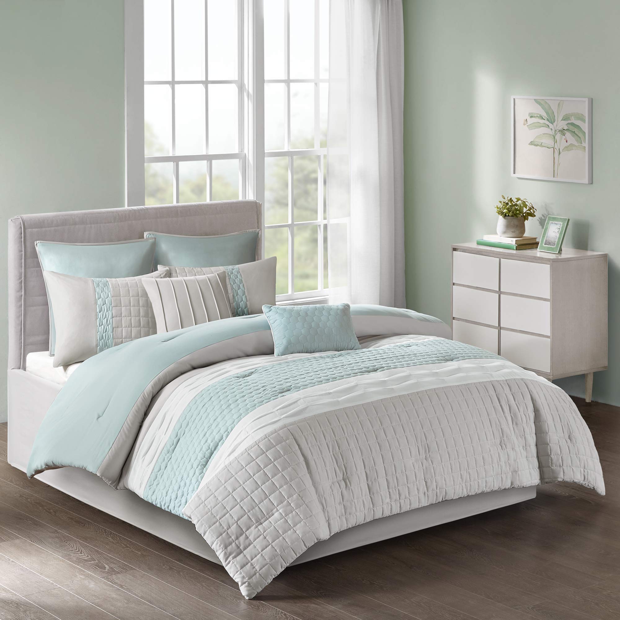 510 Design Cozy Comforter Set - Geometric Honeycomb Design, All Season Down Alternative Casual Bedding With Matching Shams, Decorative Pillows, Full/Queen (90'X90'), Seafoam/Grey 8 Piece