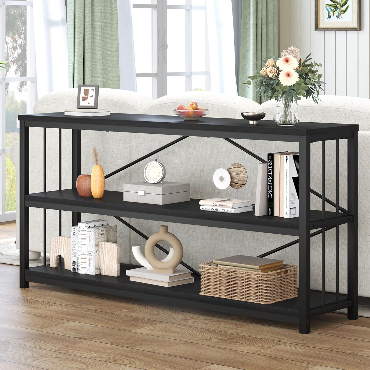 Hsh Black Long Bookshelf, Large Wood Wide Horizontal Bookcase Under Window, Modern Long Open Book Shelf For Bedroom Living Room,