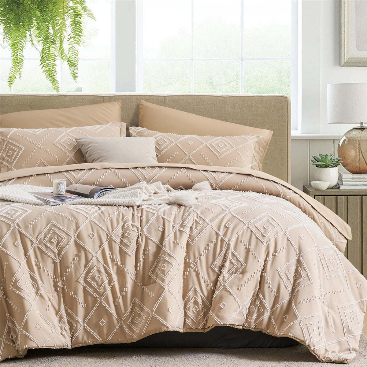 Kakki Khaki Tufted Queen Comforter Set 7 Piece Bed In A Bag, Shabby Chic Boho Comforter And Sheet Set, Soft Microfiber Complete