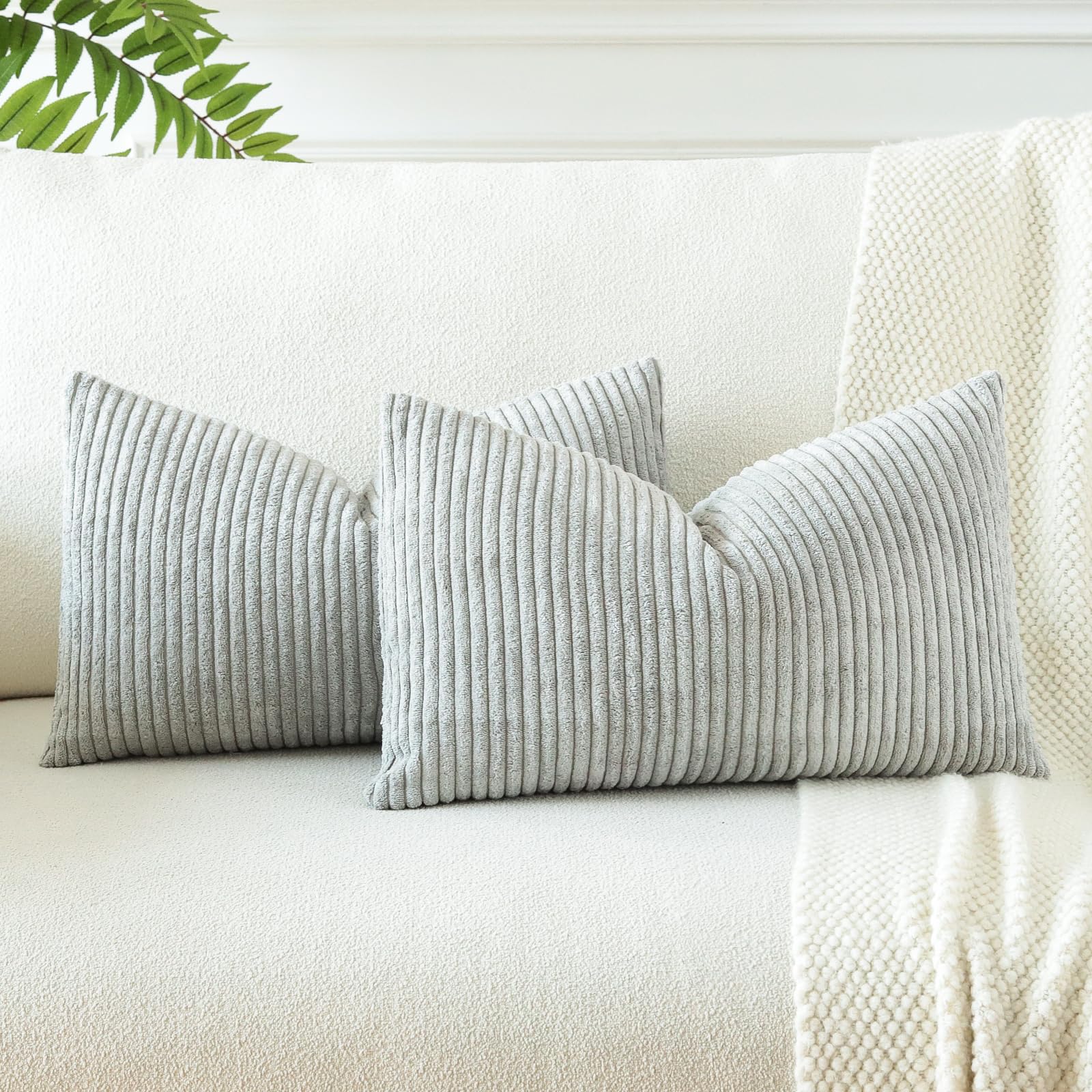 Otostar Boho Decorative Throw Pillow Covers 16 X 24 Inch Soft Corduroy Solid Striped Pillow Covers Lumbar Cushion Case Couch Pillowcases For Sofa Bed Home Decor Pack Of 2 (Grey Blue)