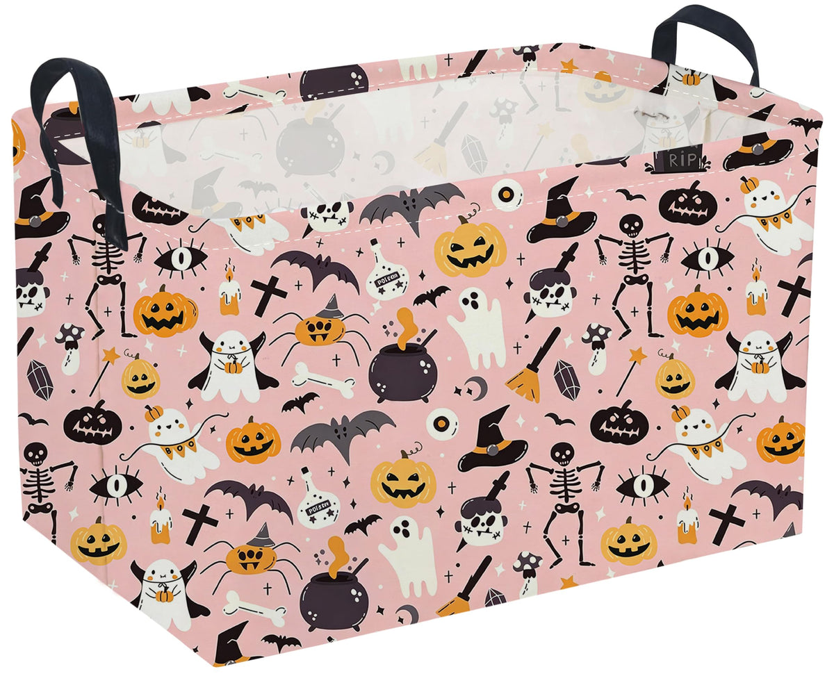 Sanjiaofeng Rectangular Pink Ghost Halloween Storage Bins,Ghosts Storage Basket with Handles.Clothers,Books,Gifts Bins.Halloween