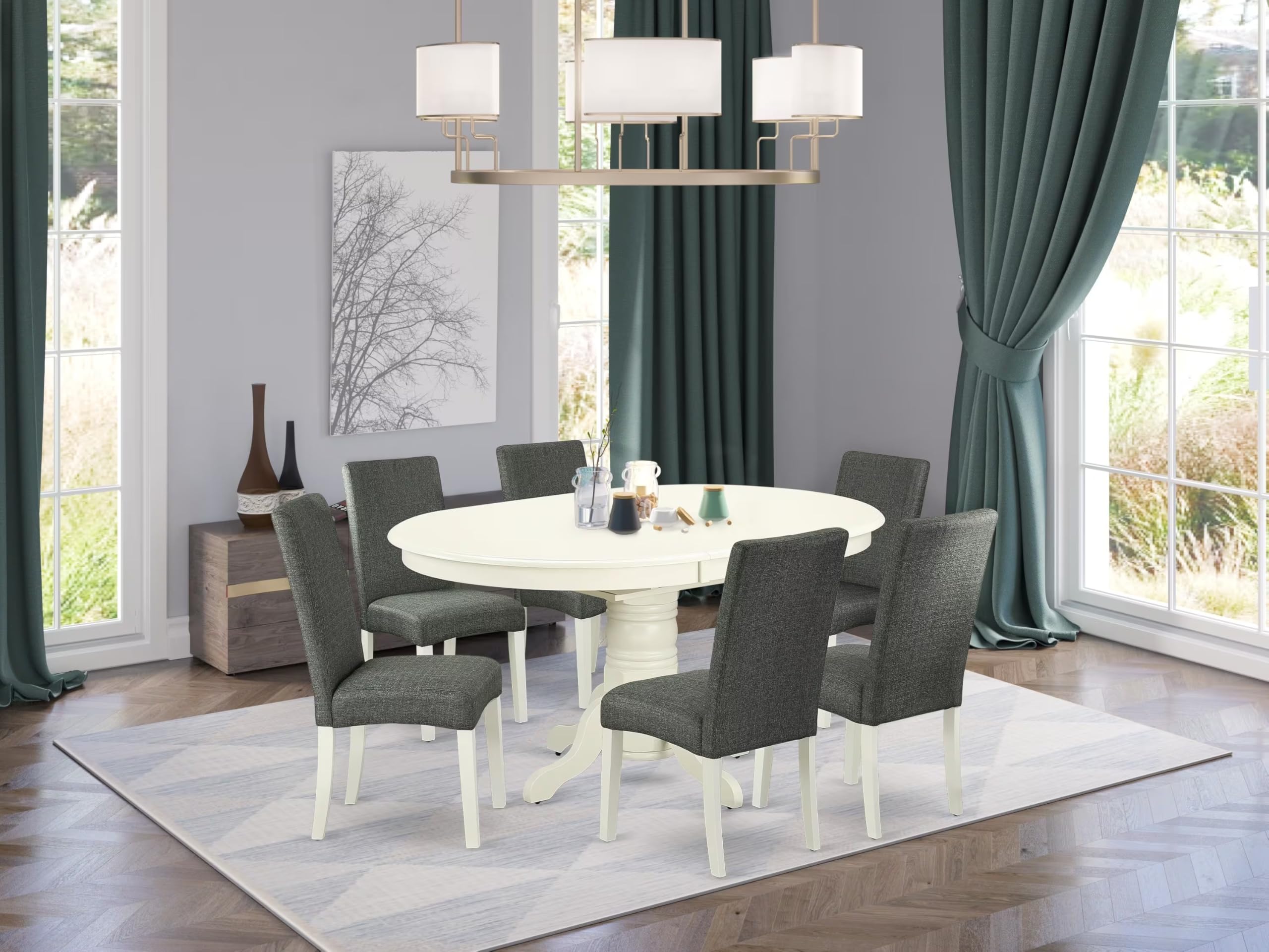East West Furniture Avdr7-Lwh-07 7 Piece Dinette Set Consist Of An Oval Dining Room Table With Butterfly Leaf And 6 Gray Linen Fabric Parson Dining Chairs, 42X60 Inch, Linen White