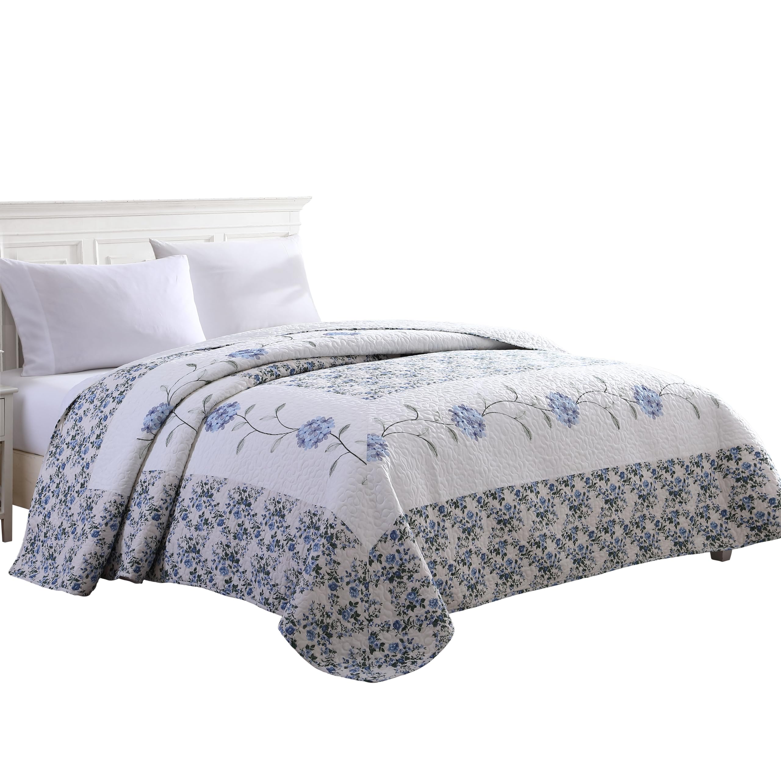 Beatrice Home Fashions Carnation Floral Embroidered Quilted Bedspread, Lightweight, All-Seasons, Twin, Blue