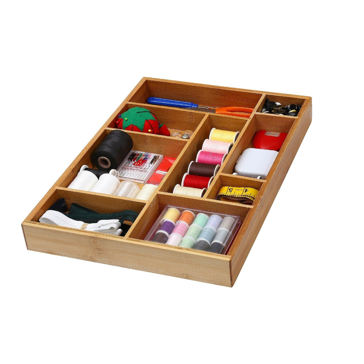 YBM HOME Bamboo Junk Drawer Organizer with 9 Compartment Organization Tray for Sewing, Craft, Office, Bathroom and Kitchen Stora