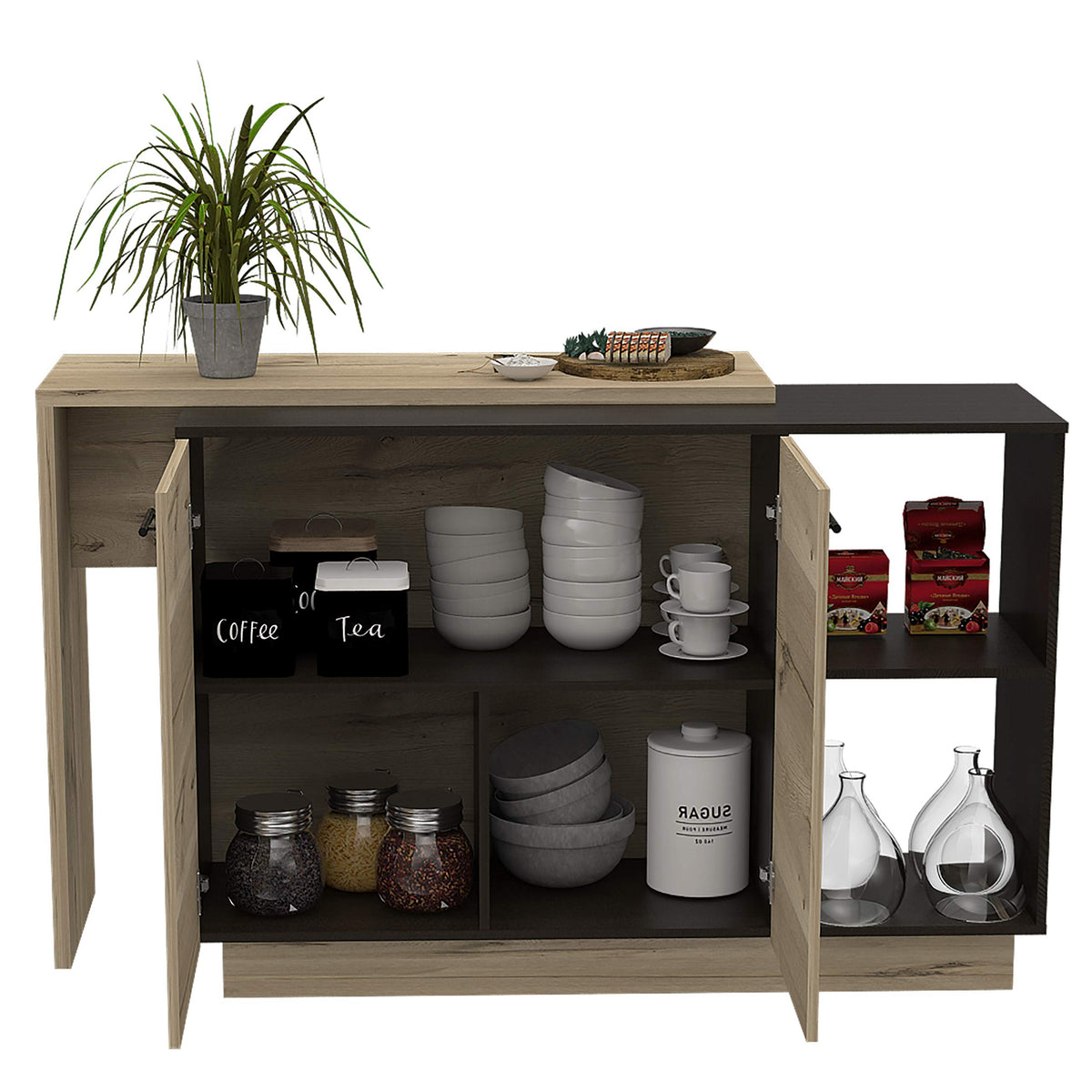 FM FURNITURE Aspen Kitchen Island with Two Exposed Shelves and One Drawer with Three divisions