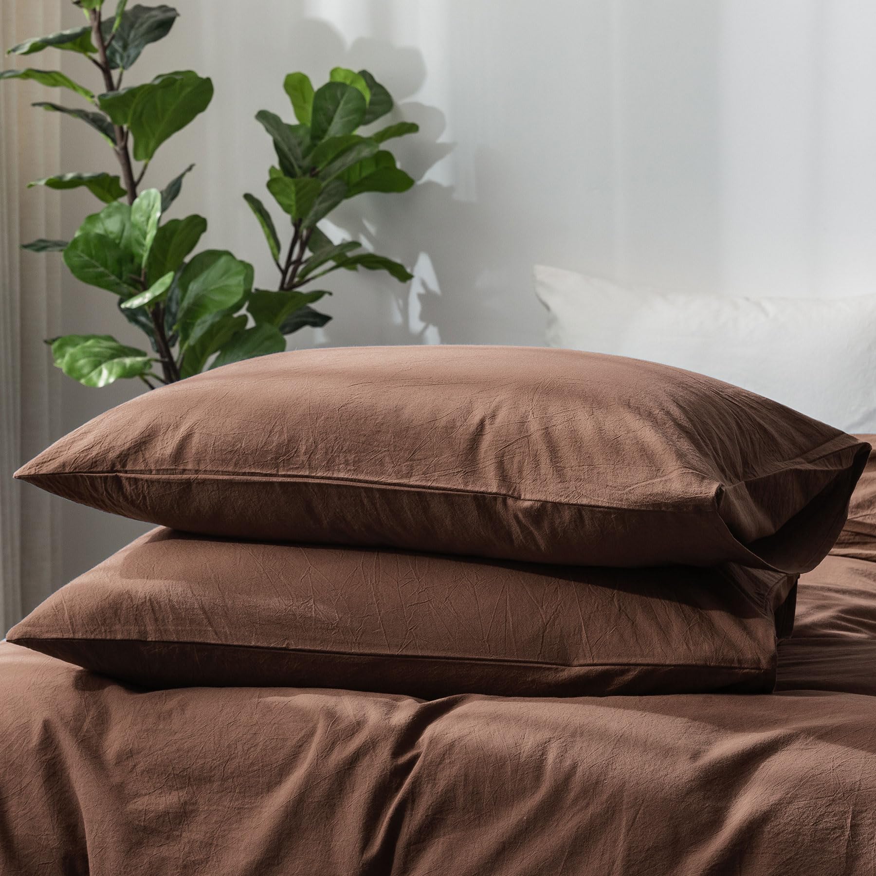 Moomee Bedding Pillowcases Pack Of 2 100% Washed Cotton Linen Like Textured Breathable Durable Soft Comfy (Cocoa Brown, Standard