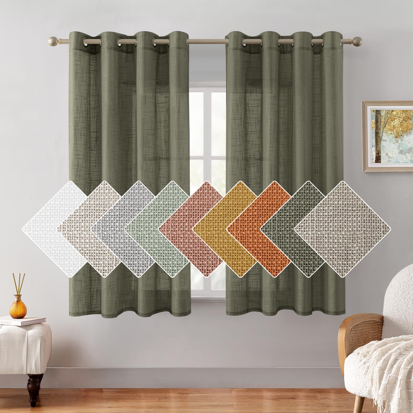 HOMEIDEAS Olive Green Linen Sheer Curtains 63 Inches Long 2 Panels Textured Semi Sheer Curtains Farmhouse Curtains Sheer Privacy